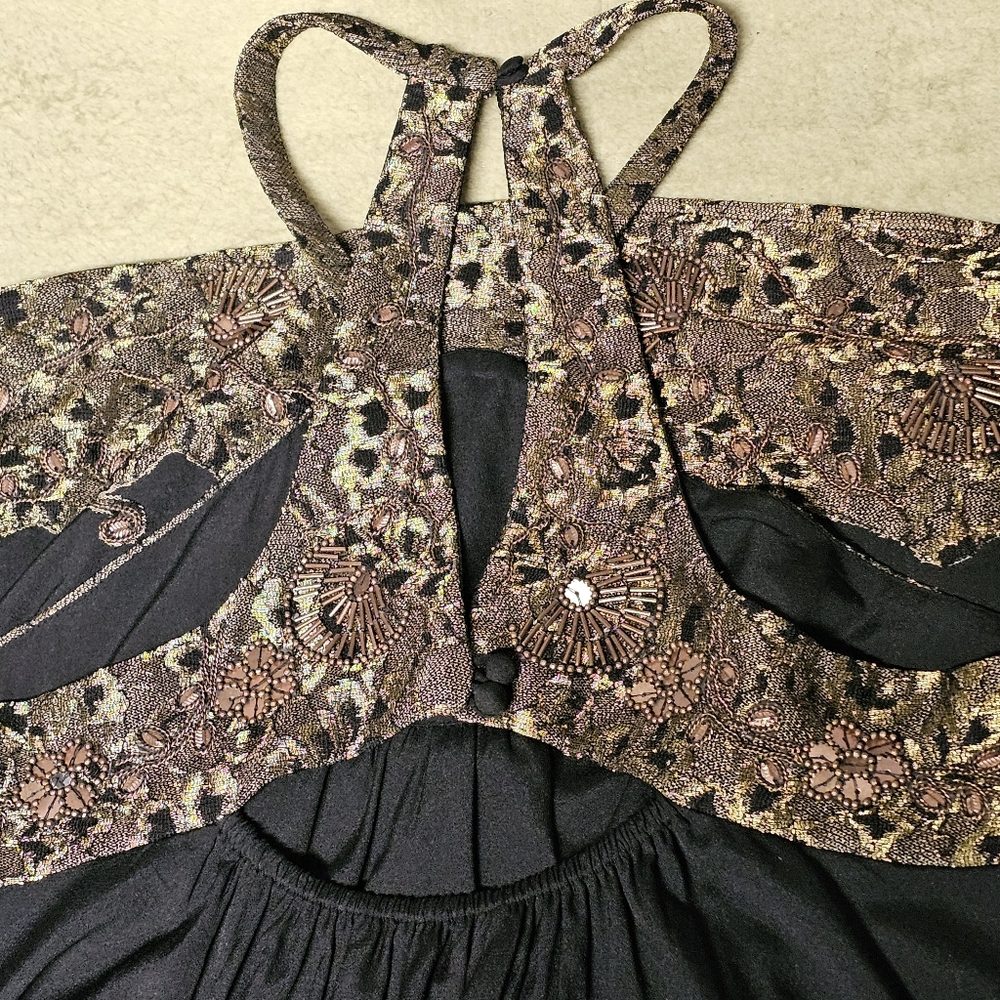 Free People Black & Gold Sequin Embroidered Lace Halter Style Mini Dress XS - Picture 13 of 15